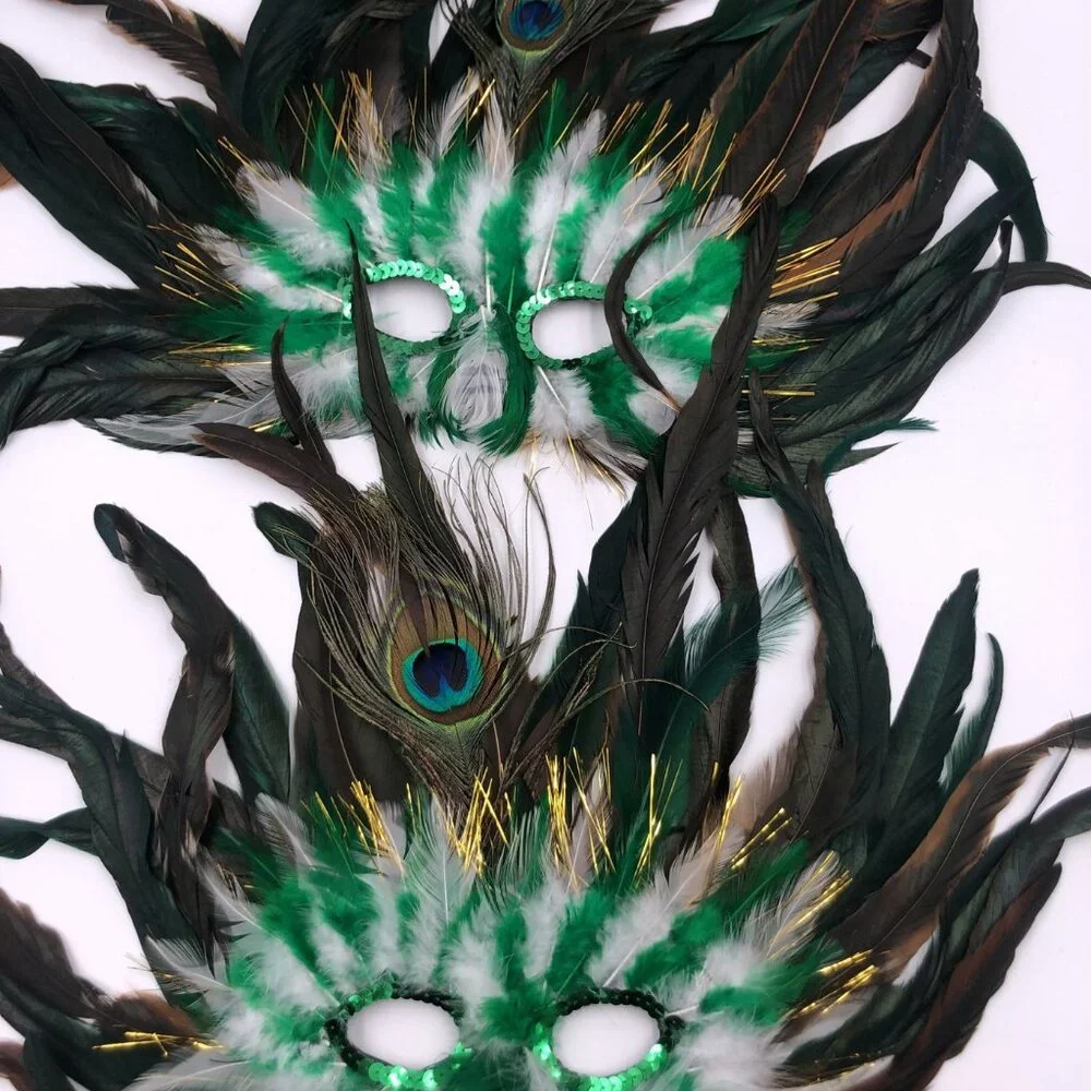 LOT 6 Masqquerade Mardi Gras Mask Adult Feathered Sequins Red Blue Green Orange